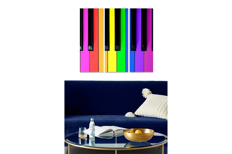Canvastavla i trä 3-delar 50x70 cm - Färgglad pianotangentkomposition, Lila / Gul / Rosa