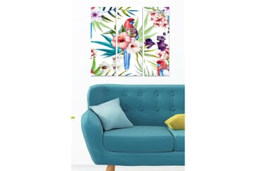 Canvastavla i trä 3-delar 50x70 cm - Färgglad papegoja omgiven av tropiska blommor och blad - Grön / Röd / Blå - Inredning - Tavlor & posters - Canvastavla