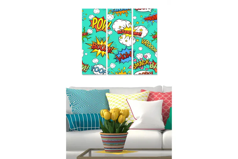 Canvastavla i trä 3-delar 50x70 cm - Färgglad popkonst med ljudord och explosioner - Turkos / Röd / Gul - Inredning - Tavlor & posters - Canvastavla