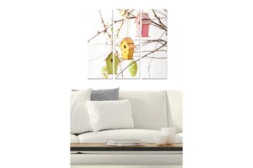 Canvastavla i trä 3-delar 50x70 cm - Färgglada fågelholkar hängande i grenar - Grön / Gul / Rosa - Inredning - Tavlor & posters - Canvastavla