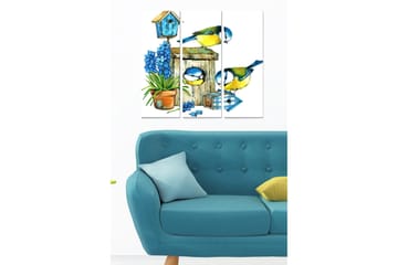 Canvastavla i trä 3-delar 50x70 cm - Färgglada fåglar vid en fågelmatare med blommor och en fågelholk - Blå / Grön / Gul - Inredning - Tavlor & posters - Canvastavla