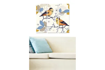 Canvastavla i trä 3-delar 50x70 cm - Färgglada fåglar på en gren omgivna av blad - Blå / Gul / Grön - Inredning - Tavlor & posters - Canvastavla