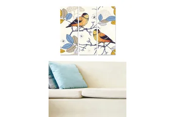 Canvastavla i trä 3-delar 50x70 cm - Färgglada fåglar på en gren omgivna av blad - Blå / Gul / Grön - Inredning - Tavlor & posters - Canvastavla