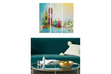 Canvastavla i trä 3-delar 50x70 cm - Färgglada fåglar på en gren med ett fågelhus i bakgrunden - Grön / Lila / Blå - Inredning - Tavlor & posters - Canvastavla