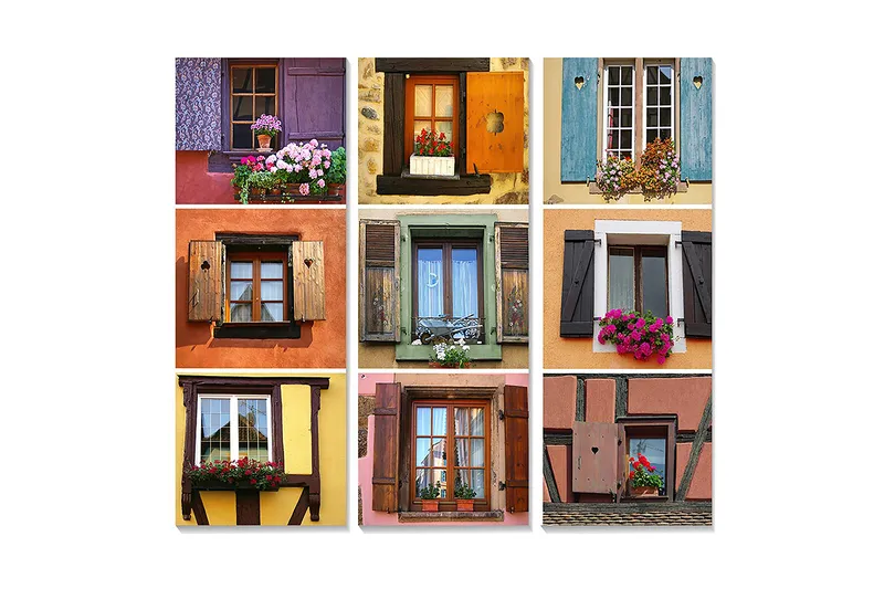 Canvastavla i trä 3-delar 50x70 cm - Färgglada fönster med blommor i olika stil och design - Lila / Orange / Grön - Inredning - Tavlor & posters - Canvastavla