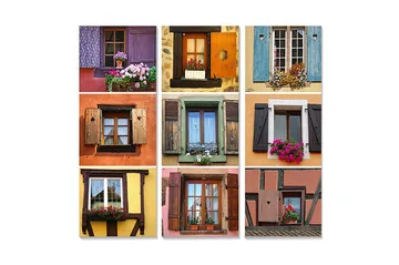 Canvastavla i trä 3-delar 50x70 cm - Färgglada fönster med blommor i olika stil och design - Lila / Orange / Grön - Inredning - Tavlor & posters - Canvastavla