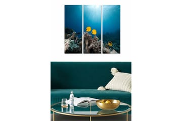 Canvastavla i trä 3-delar 50x70 cm - Färgglada fiskar simmande över korallrev - Blå / Gul / Grå - Inredning - Tavlor & posters - Canvastavla