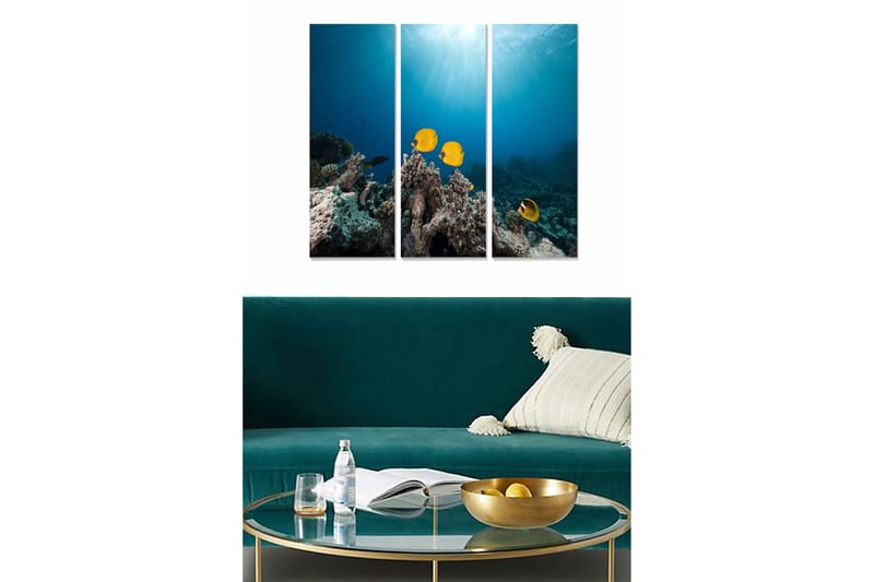 Canvastavla i trä 3-delar 50x70 cm - Färgglada fiskar simmande över korallrev, Blå / Gul / Grå