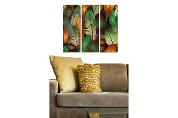 Canvastavla i trä 3-delar 50x70 cm - Färgglada fjädrar i en harmonisk komposition - Grön / Orange / Brun - Inredning - Tavlor & posters - Canvastavla