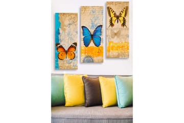 Canvastavla i trä 3-delar 50x70 cm - Färgglada fjärilar i en konstnärlig komposition - Blå / Orange / Gul - Inredning - Tavlor & posters - Canvastavla