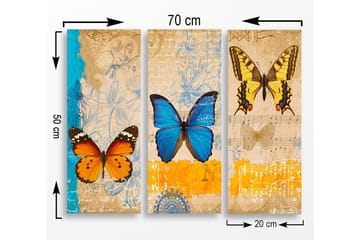 Canvastavla i trä 3-delar 50x70 cm - Färgglada fjärilar i en konstnärlig komposition - Blå / Orange / Gul - Inredning - Tavlor & posters - Canvastavla
