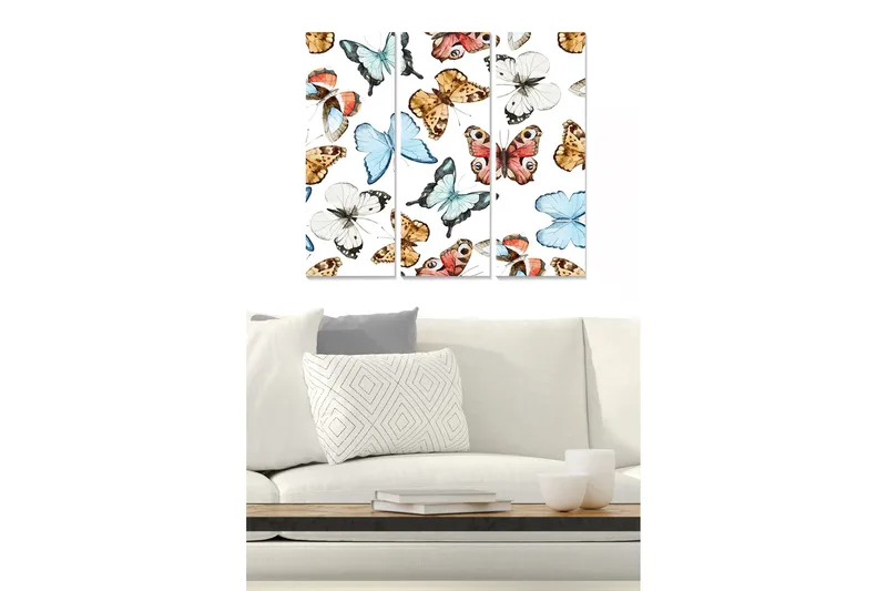 Canvastavla i trä 3-delar 50x70 cm - Färgglada fjärilar i olika former och storlekar, Blå / Orange / Brun