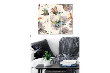 Canvastavla i trä 3-delar 50x70 cm - Färgglada fjärilar omgivna av blommor - Grön / Rosa / Lila - Inredning - Tavlor & posters - Canvastavla