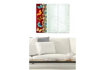 Canvastavla i trä 3-delar 50x70 cm - Färgglada fjärilar på en röd bakgrund - Röd / Blå / Orange - Inredning - Tavlor & posters - Canvastavla