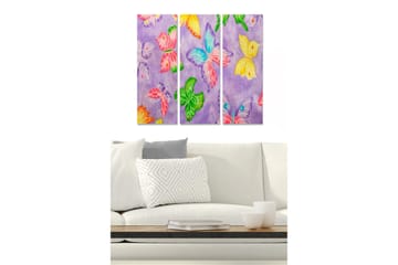 Canvastavla i trä 3-delar 50x70 cm - Färgglada fjärilar på lila bakgrund - Lila / Grön / Rosa - Inredning - Tavlor & posters - Canvastavla