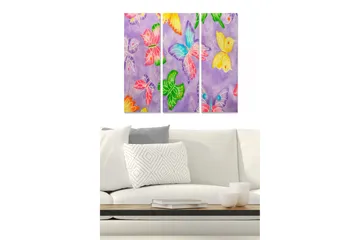 Canvastavla i trä 3-delar 50x70 cm - Färgglada fjärilar på lila bakgrund - Lila / Grön / Rosa - Inredning - Tavlor & posters - Canvastavla