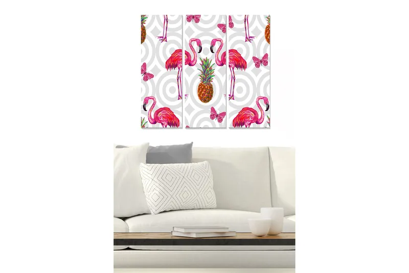 Canvastavla i trä 3-delar 50x70 cm - Färgglada flamingos med ananas och fjärilar, Rosa / Grön / Gul