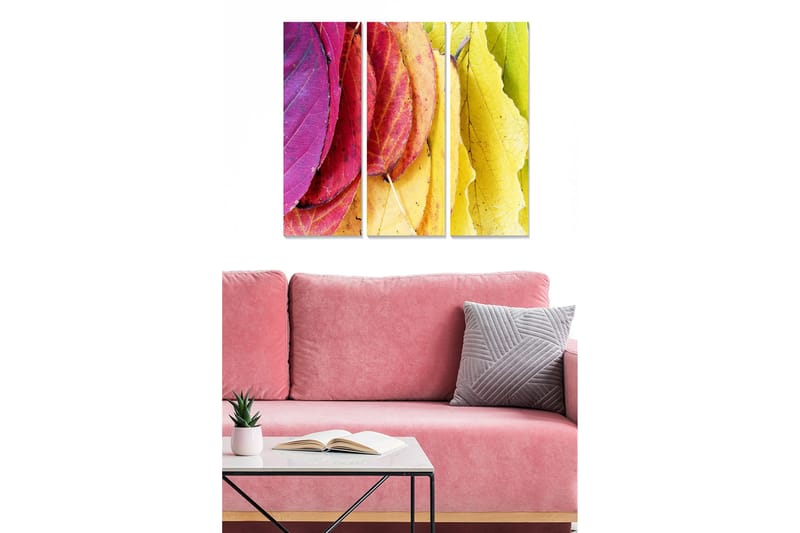 Canvastavla i trä 3-delar 50x70 cm - Färgglada höstlöv i olika nyanser, Rosa / Gul / Grön