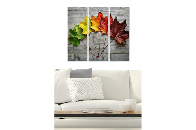 Canvastavla i trä 3-delar 50x70 cm - Färgglada höstlöv på en träyta - Grön / Gul / Röd - Inredning - Tavlor & posters - Canvastavla