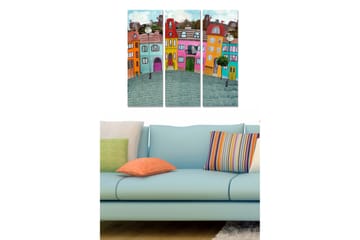 Canvastavla i trä 3-delar 50x70 cm - Färgglada hus i en stadsmiljö - Blå / Orange / Rosa - Inredning - Tavlor & posters - Canvastavla
