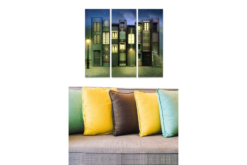Canvastavla i trä 3-delar 50x70 cm - Färgglada hus med fönster och en gatulampa i en drömlik miljö - Mörkblå / Grön / Röd - Inredning - Tavlor & posters - Canvastavla