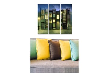 Canvastavla i trä 3-delar 50x70 cm - Färgglada hus med fönster och en gatulampa i en drömlik miljö - Mörkblå / Grön / Röd - Inredning - Tavlor & posters - Canvastavla