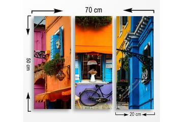 Canvastavla i trä 3-delar 50x70 cm - Färgglada husfasader med cykel och blommor - Orange / Blå / Lila - Inredning - Tavlor & posters - Canvastavla