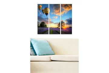 Canvastavla i trä 3-delar 50x70 cm - Färgglada luftballonger sväva över ett lavendelfält vid solnedgången - Lila / Orange / Blå - Inredning - Tavlor & posters - Canvastavla