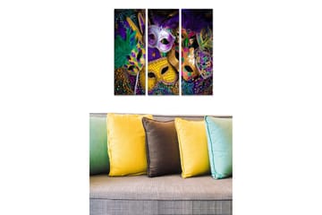 Canvastavla i trä 3-delar 50x70 cm - Färgglada masker med fjädrar och dekorationer - Lila / Guld / Grön - Inredning - Tavlor & posters - Canvastavla