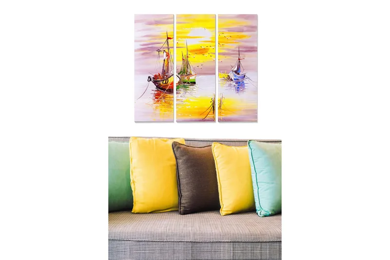 Canvastavla i trä 3-delar 50x70 cm - Färgglada segelbåtar i solnedgång vid havet, Gul / Lila / Grön