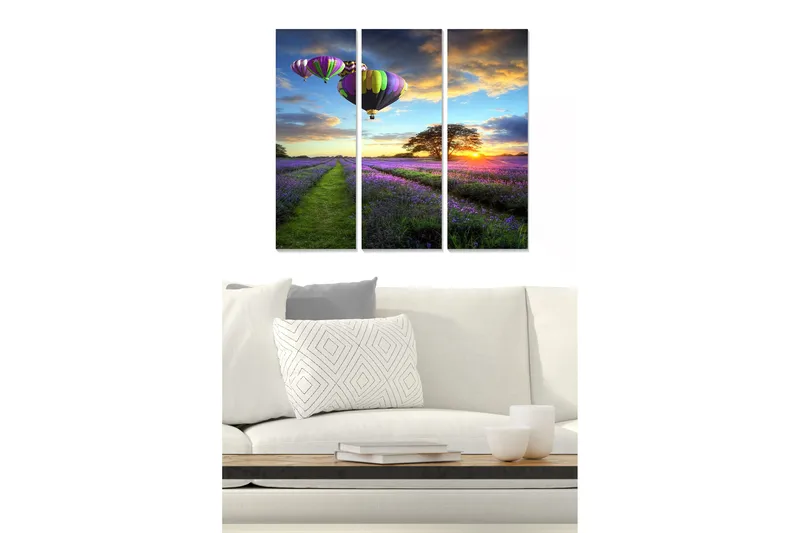 Canvastavla i trä 3-delar 50x70 cm - Färgglada varmluftsballonger över en lavendelfält vid solnedgång, Lila / Grön / Orange