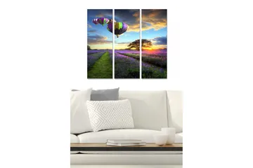 Canvastavla i trä 3-delar 50x70 cm - Färgglada varmluftsballonger över en lavendelfält vid solnedgång - Lila / Grön / Orange - Inredning - Tavlor & posters - Canvastavla