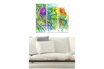 Canvastavla i trä 3-delar 50x70 cm - Färgglada papegojor bland tropiska växter - Grön / Lila / Orange - Inredning - Tavlor & posters - Canvastavla