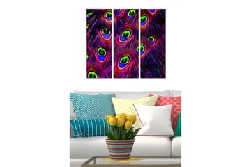 Canvastavla i trä 3-delar 50x70 cm - Färgglada påfågelögon i en abstrakt komposition - Lila / Grön / Blå - Inredning - Tavlor & posters - Canvastavla