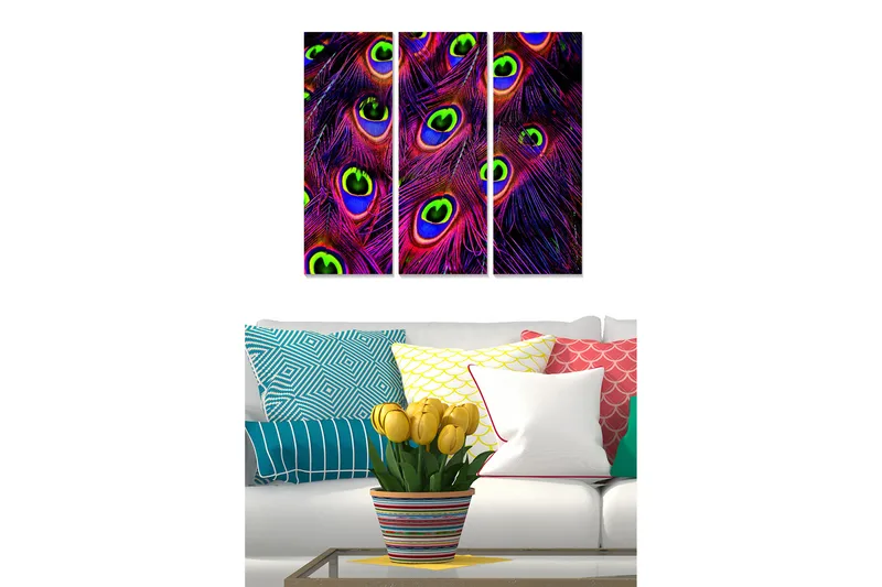 Canvastavla i trä 3-delar 50x70 cm - Färgglada påfågelögon i en abstrakt komposition, Lila / Grön / Blå