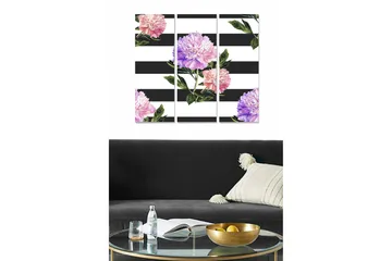 Canvastavla i trä 3-delar 50x70 cm - Färgglada pioner mot en randig bakgrund - Rosa / Lila / Grön - Inredning - Tavlor & posters - Canvastavla