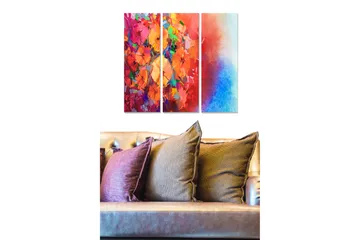 Canvastavla i trä 3-delar 50x70 cm - Färgrik abstrakt komposition med blommor och geometriska former - Röd / Orange / Blå - Inredning - Tavlor & posters - Canvastavla