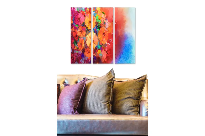 Canvastavla i trä 3-delar 50x70 cm - Färgrik abstrakt komposition med blommor och geometriska former, Röd / Orange / Blå