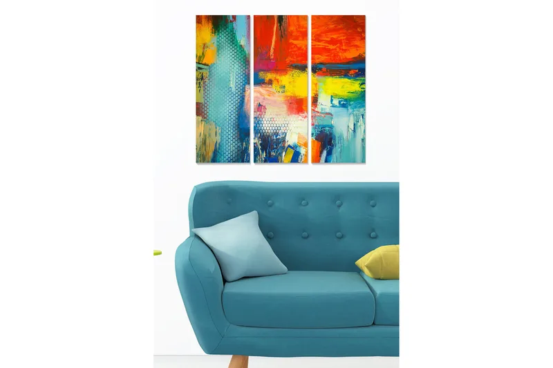 Canvastavla i trä 3-delar 50x70 cm - Färgrik abstrakt komposition med dynamiska former, Röd / Blå / Gul