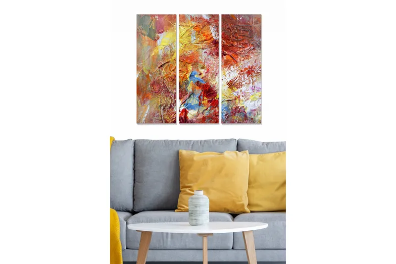 Canvastavla i trä 3-delar 50x70 cm - Färgrik abstrakt komposition med inslag av röd och blå färg, Röd / Gul / Blå