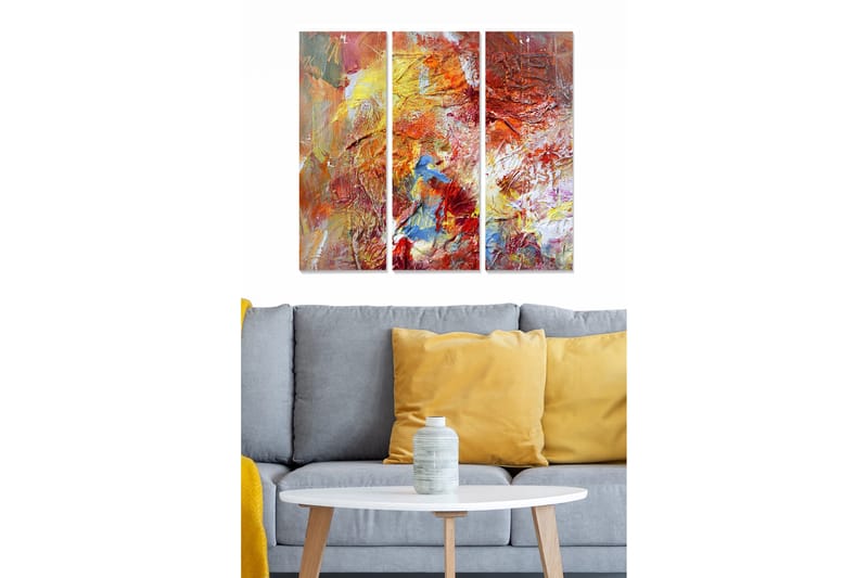 Canvastavla i trä 3-delar 50x70 cm - Färgrik abstrakt komposition med inslag av röd och blå f ärg, Röd / Gul / Blå