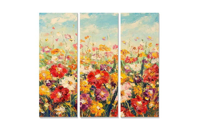 Canvastavla i trä 3-delar 50x70 cm - Färgrik blomsteräng med varierande blommor, Röd / Gul / Lila