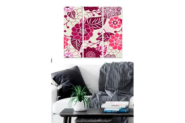 Canvastavla i trä 3-delar 50x70 cm - Färgrik blomsterdesign med stiliserade blommor och blad - Mörkröd / Ljusrosa / Grön - Inredning - Tavlor & posters - Canvastavla