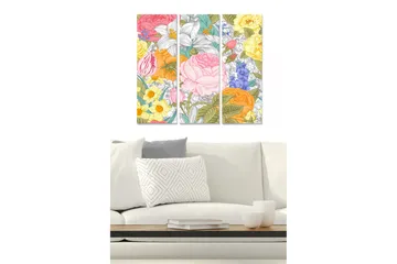 Canvastavla i trä 3-delar 50x70 cm - Färgrik blomsterkomposition med olika blommor och bladverk - Rosa / Gult / Orange - Inredning - Tavlor & posters - Canvastavla