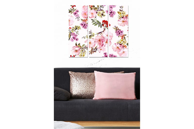 Canvastavla i trä 3-delar 50x70 cm - Färgrik blomsterkomposition med rosa och lila blommor, Rosa / Grön / Lila