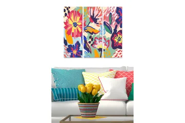 Canvastavla i trä 3-delar 50x70 cm - Färgrik blomsterkomposition med stora blommor och bladverk - Rosa / Blå / Gul - Inredning - Tavlor & posters - Canvastavla