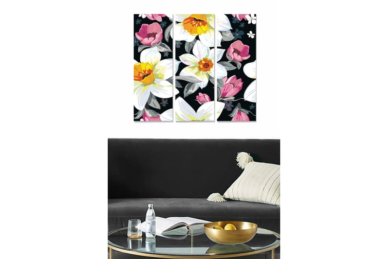 Canvastavla i trä 3-delar 50x70 cm - Färgrik blomsterkomposition med vita och rosa blommor - Vit / Rosa / Gul - Inredning - Tavlor & posters - Canvastavla