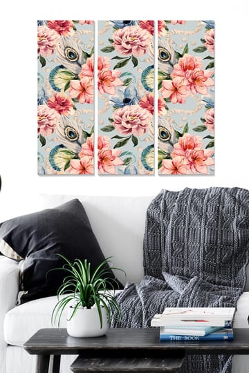 Canvastavla i trä 3-delar 50x70 cm - Färgrik blomsterkomposition med påfågelögon - Rosa / Grön / Blå - Inredning - Tavlor & posters - Canvastavla
