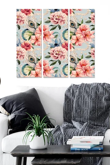 Canvastavla i trä 3-delar 50x70 cm - Färgrik blomsterkomposition med påfågelögon - Rosa / Grön / Blå - Inredning - Tavlor & posters - Canvastavla