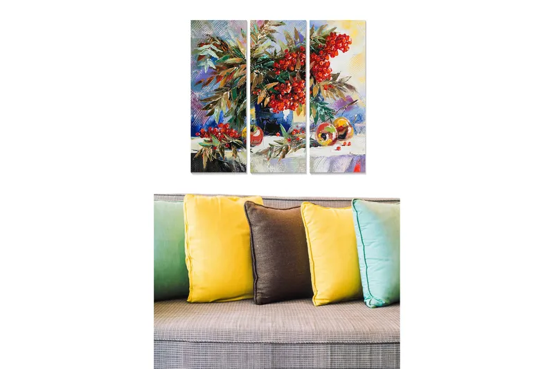 Canvastavla i trä 3-delar 50x70 cm - Färgrik bukett av bär och frukter i en stillhet med naturmotiv, Röd / Grön / Gul